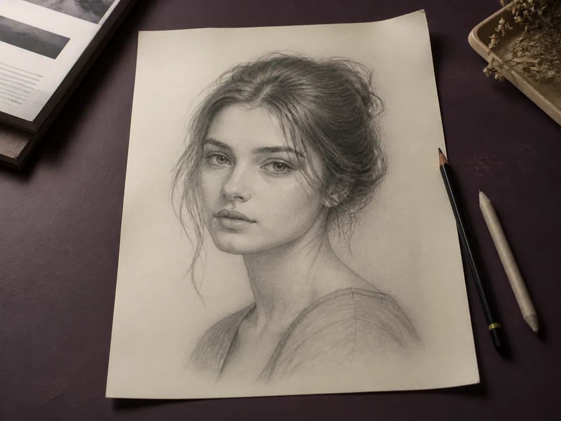 Hand-drawn graphite soulmate portrait on cream paper with a pencil beside it