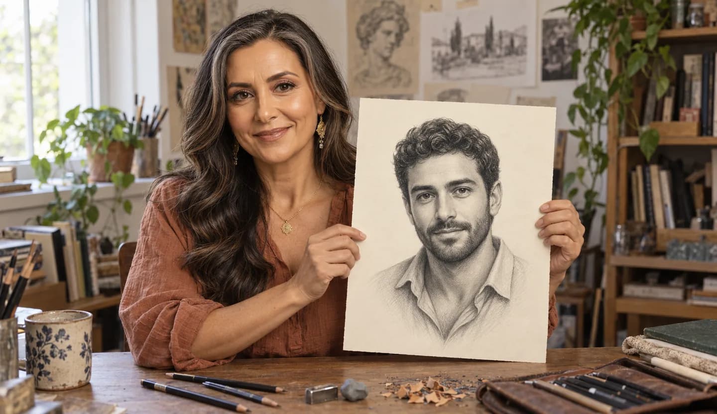 Luna Martinez segurando um desenho da alma gêmea pronto