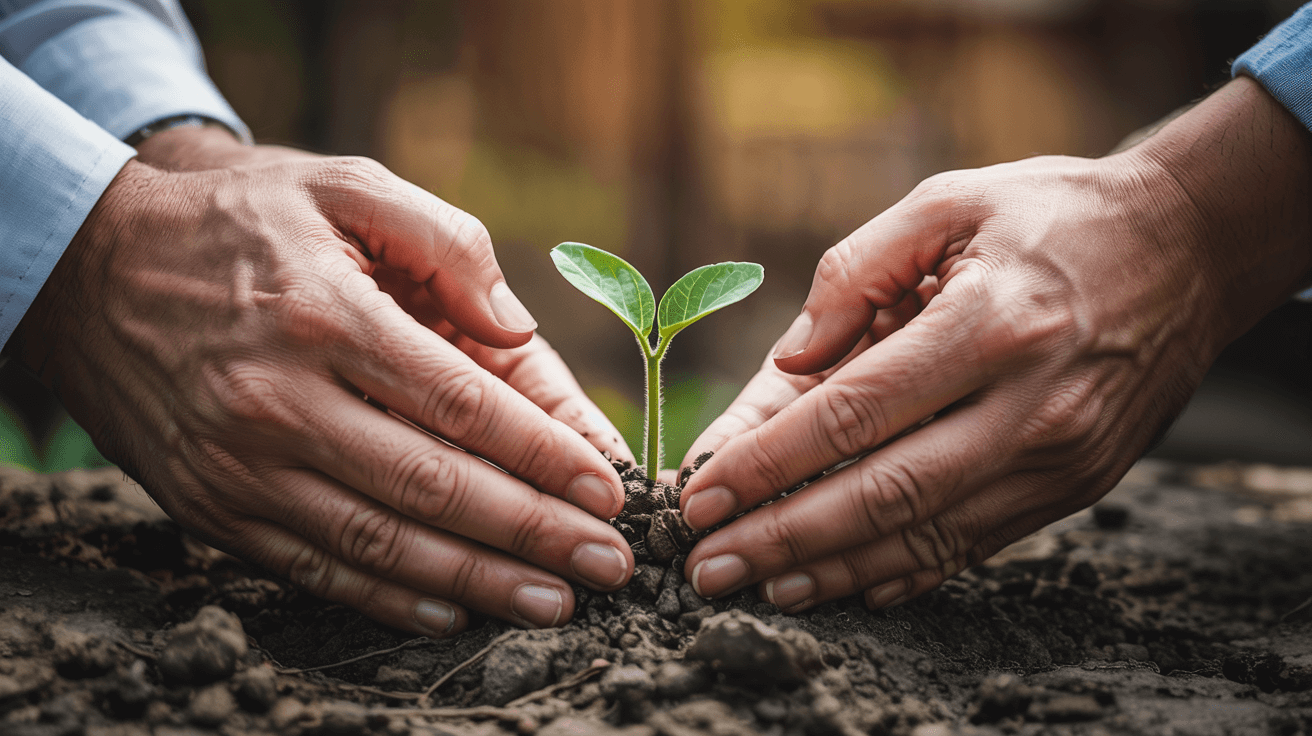 Soulmate Shared Growth Two hands gently holding a small sprout, symbolizing growth and care in a relationship