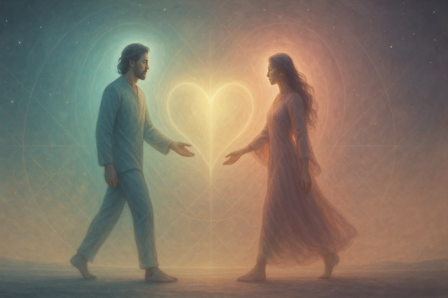 Twin flame counterparts walking toward each other on equal ground Twin flame counterparts walking toward each other on equal ground